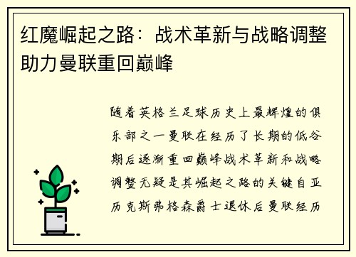 红魔崛起之路：战术革新与战略调整助力曼联重回巅峰